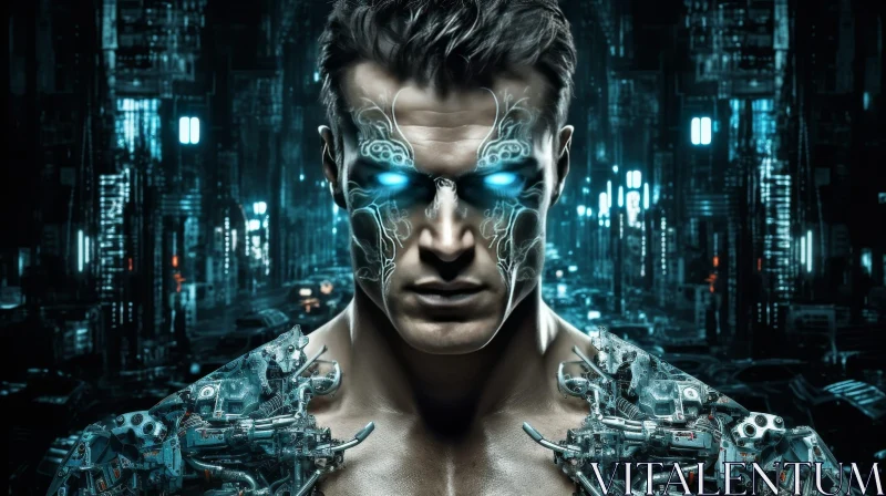 Male Cyborg Portrait in Dark City AI Image