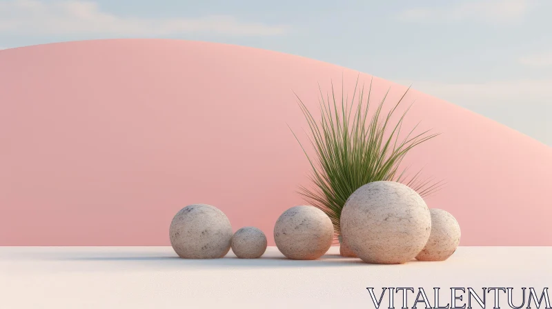 AI ART Pink Background with Plant and Rocks - 3D Rendering