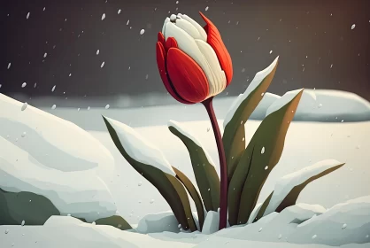 Red Tulip in Snow on Green Pasture - Cartoonish Character Design
