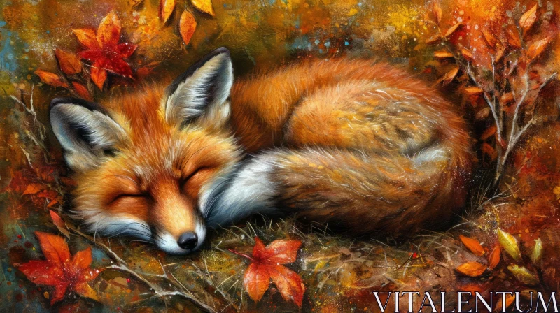 AI ART Tranquil Red Fox Sleeping Among Fallen Leaves