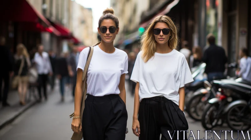 Urban Fashion: Two Women Walking in City Street AI Image