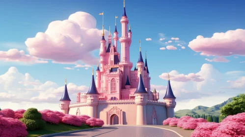 Enchanted Pink Castle Surrounded by Trees and Flowers