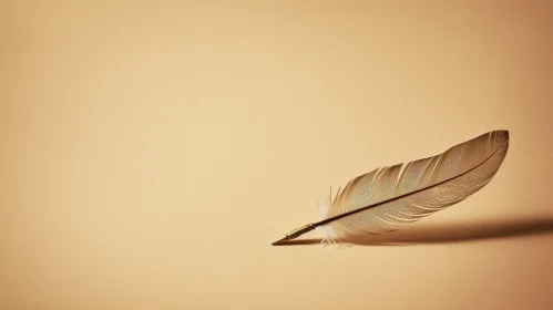 Golden Feather and Metal Nib on Beige Background