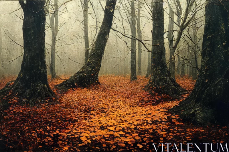 Mysterious Forest in Mist with Two Trees | Dark Orange and Dark Amber AI Image