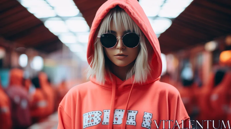Stylish Woman in Red Hoodie and Sunglasses AI Image