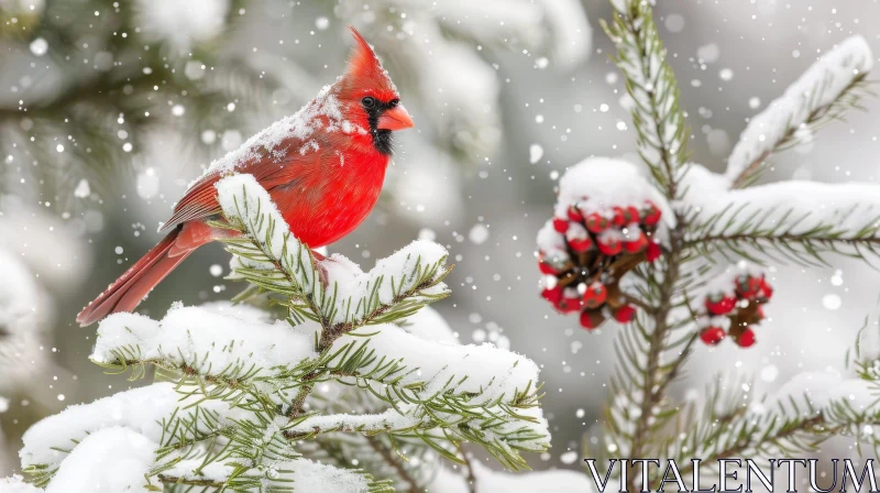 Winter Wildlife: Northern Cardinal on Snow-Covered Branch AI Image