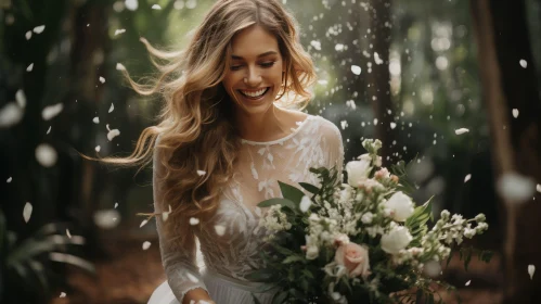 Beautiful Young Woman in White Wedding Dress with Flowers