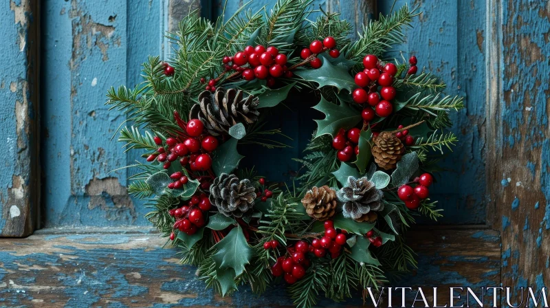 Christmas Wreath on Blue Door AI Image
