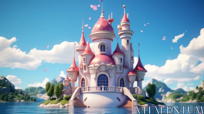Enchanting 3D Fairytale Castle on Island AI Image