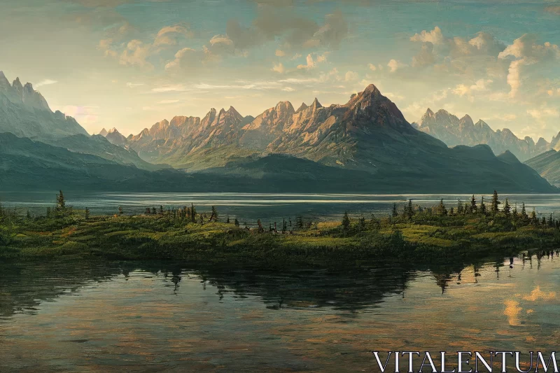 Majestic Mountains and Serene Lakes: A Meticulously Detailed Painting AI Image