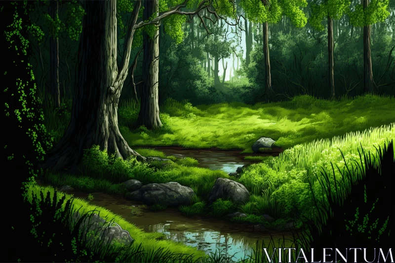 Mysterious Forest with Stream - Unique Cartoon Realism Style AI Image