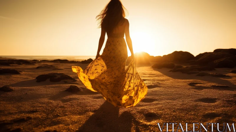 Woman in Yellow Dress Walking on Beach at Sunset AI Image