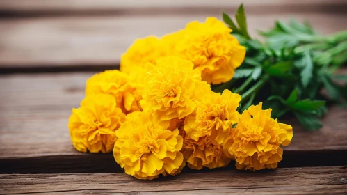 Yellow Marigold Bouquet on Wooden Surface