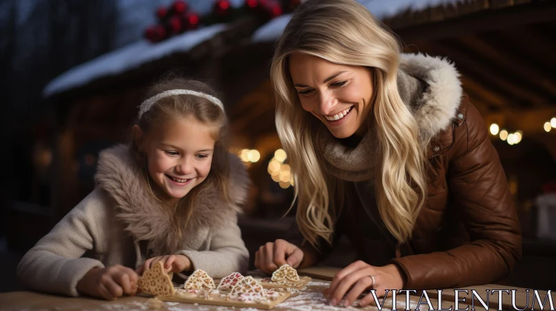 AI ART Cozy Family Baking: Mother and Daughter Making Gingerbread Cookies