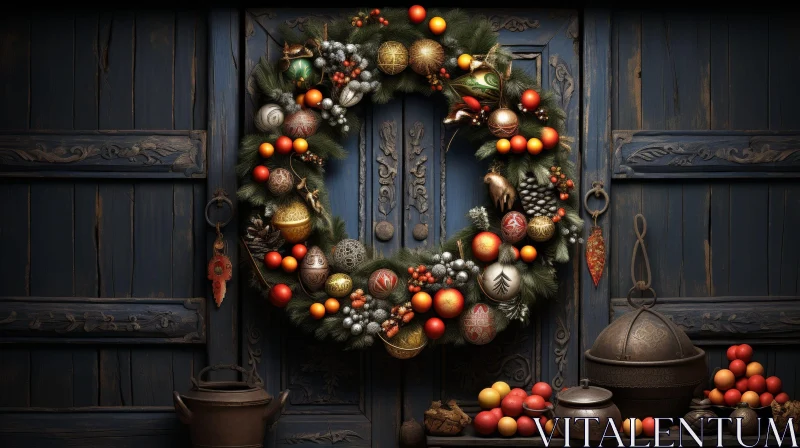 AI ART Festive Christmas Wreath on Wooden Door