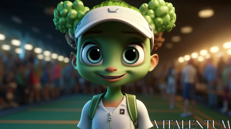Green-haired 3D Cartoon Girl on Tennis Court AI Image