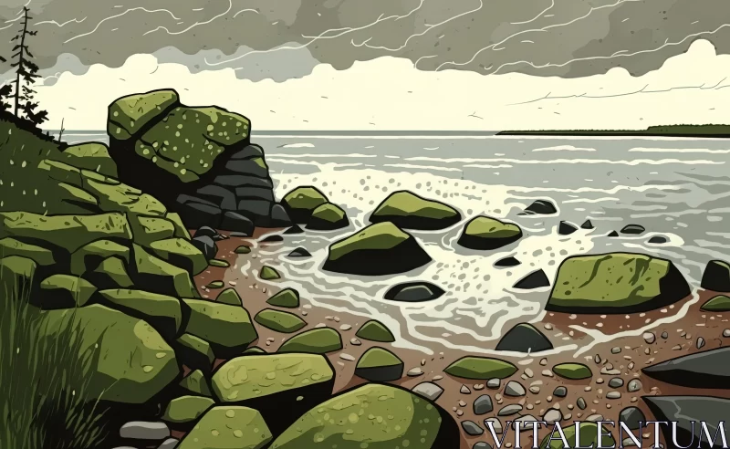 Stormy Watery Landscape with Rocks - Bold Outlines and Flat Colors AI Image