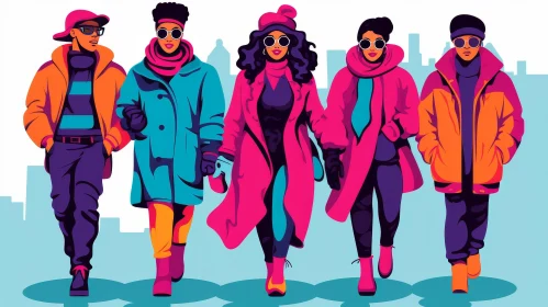 Urban Joy - Diverse Group Walking in Winter Cityscape