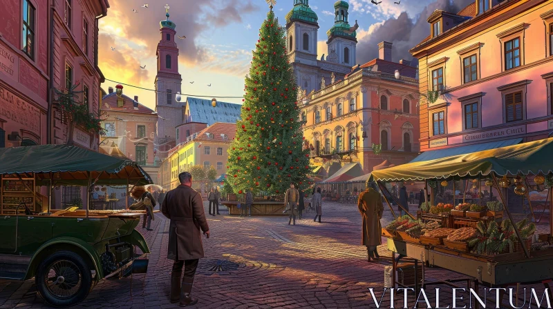 Winter Christmas Scene in European City - Festive Painting AI Image