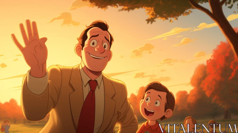 Cheerful Father-Son Cartoon in Park AI Image