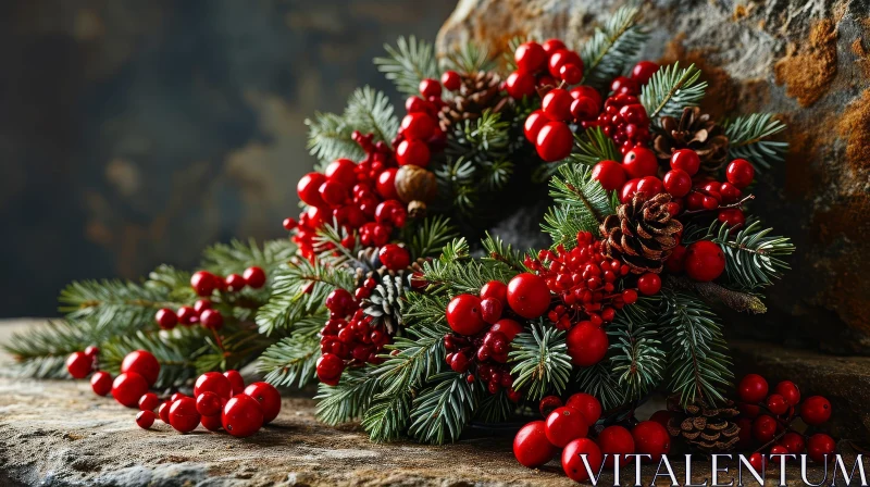Festive Christmas Wreath on Stone Surface AI Image