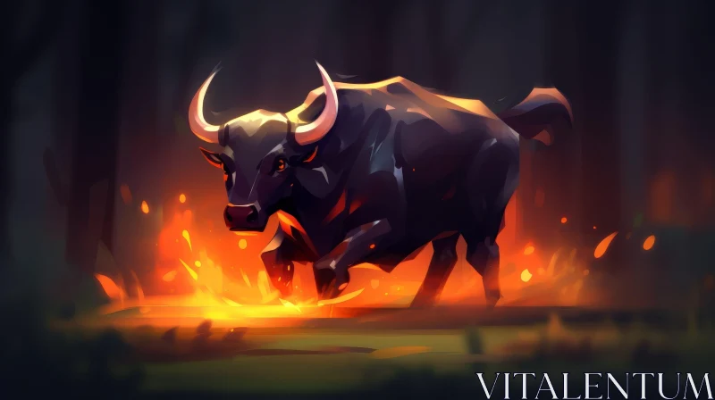 Fiery Black Bull in Dark Forest AI Image