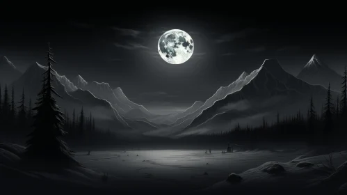 Moonlit Winter Scene with Silhouettes