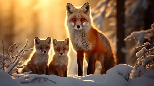 Red Fox and Cubs in Snowy Forest