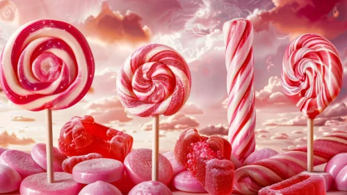 Sweet Lollipops and Gummy Bears on Pink Background