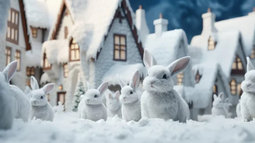 White Rabbits in Snowy Village: Enchanting Winter Scene