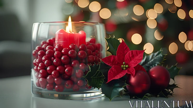 Festive Christmas Still Life with Red Candle and Berries AI Image
