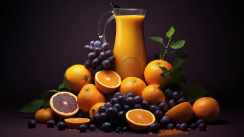 Pitcher of Orange Juice with Oranges and Grapes