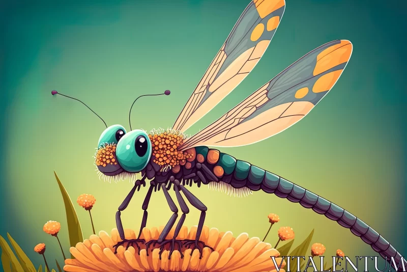 Quirky Cartoonish Illustration of a Dragonfly on a Flower AI Image