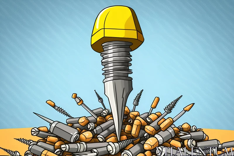AI ART Cartoon Illustration: Screw in Empty Pile of Nails | Macro Perspectives