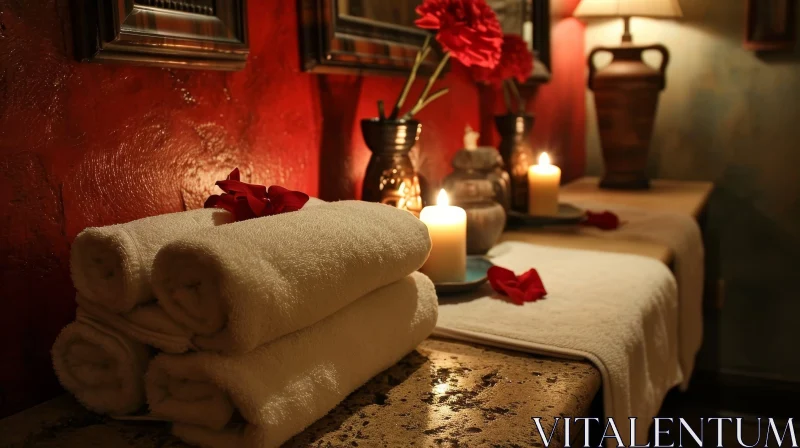 Cozy Room Setting with Towels, Candle, and Flowers AI Image