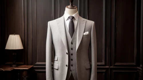 Elegant Gray Men's Suit with Vest and Tie on Mannequin