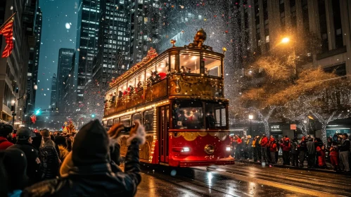 Festive Christmas Cityscape with Double-Decker Bus