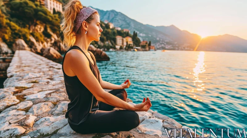 Serene Woman in Yoga Pose by the Sunset Seascape AI Image