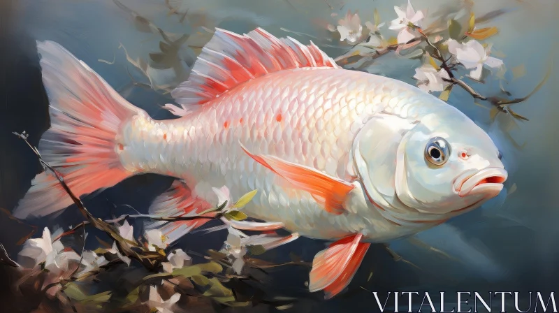 Tranquil Koi Fish Painting with Cherry Blossoms AI Image