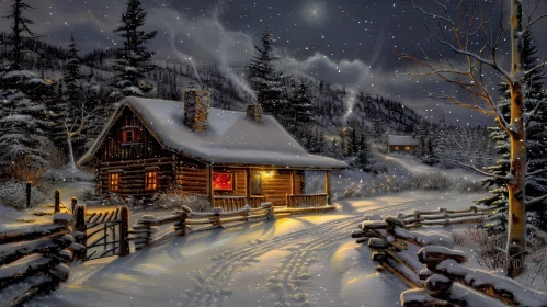 Winter Cabin in Woods - Serene Snowscape