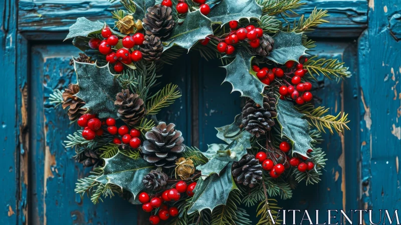Christmas Wreath Hanging on Blue Door AI Image