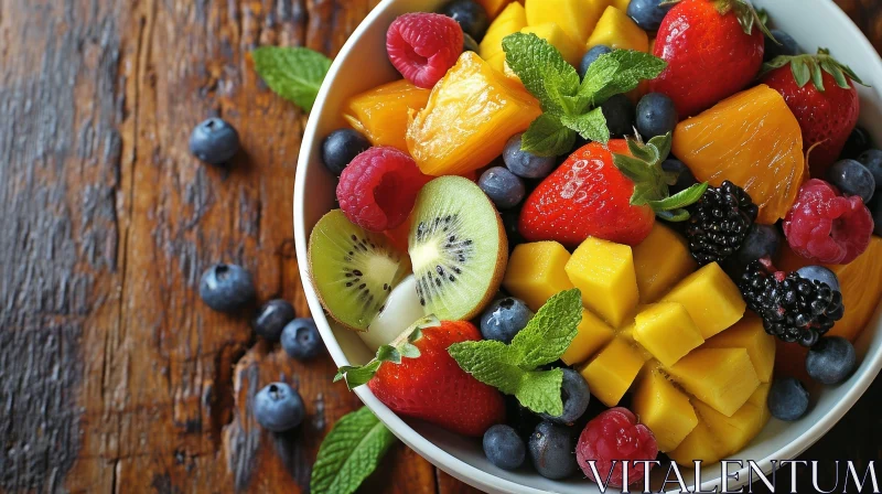 Delicious Fruit Salad Bowl on Wooden Table AI Image