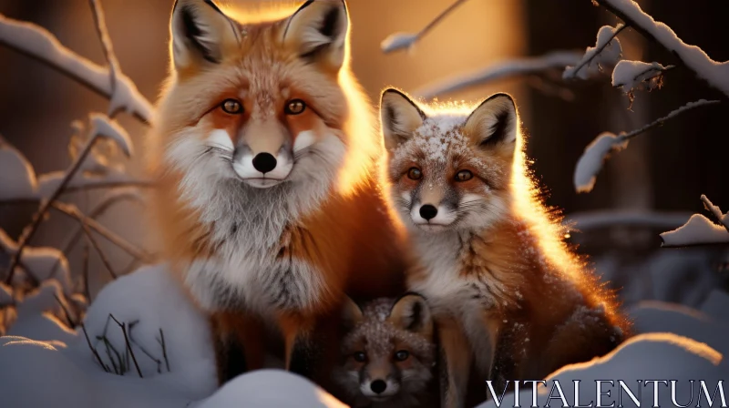 AI ART Enchanting Family of Red Foxes in Winter Forest