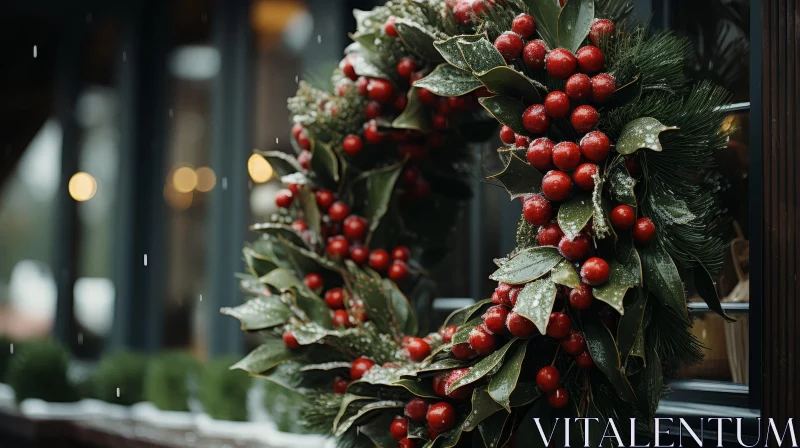 Festive Christmas Wreath on Wooden Door AI Image
