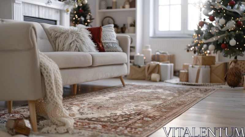 Festive Living Room Decor with Christmas Tree and Sofa AI Image