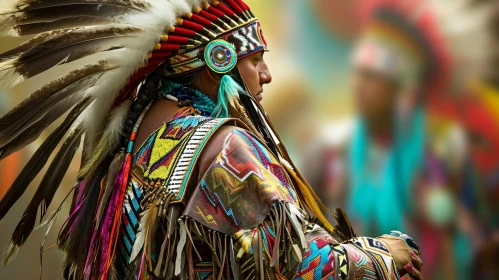 Native American Man in Traditional Headdress and Clothing in Forest AI Image