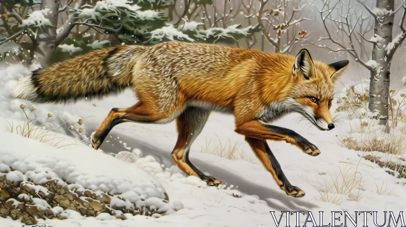 AI ART Red Fox Running in Snowy Forest - Wildlife Painting