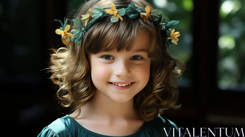 Charming Girl Portrait in Green Dress with Flowers AI Image