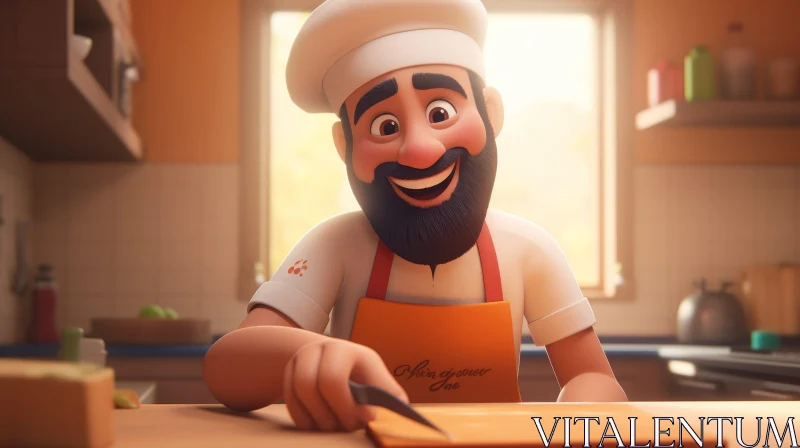 Cheerful Cartoon Chef Cutting Bread in Kitchen AI Image