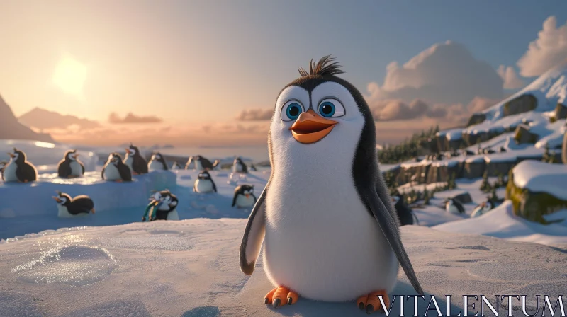Happy Penguin on Ice at Sunset AI Image